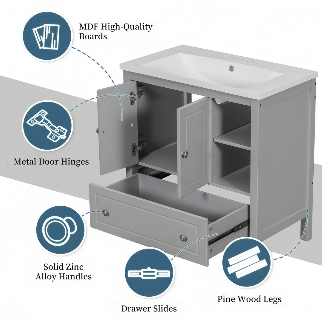 30'' Single Bathroom Vanity Cabinet With Ceramic Sink Top#BV-001