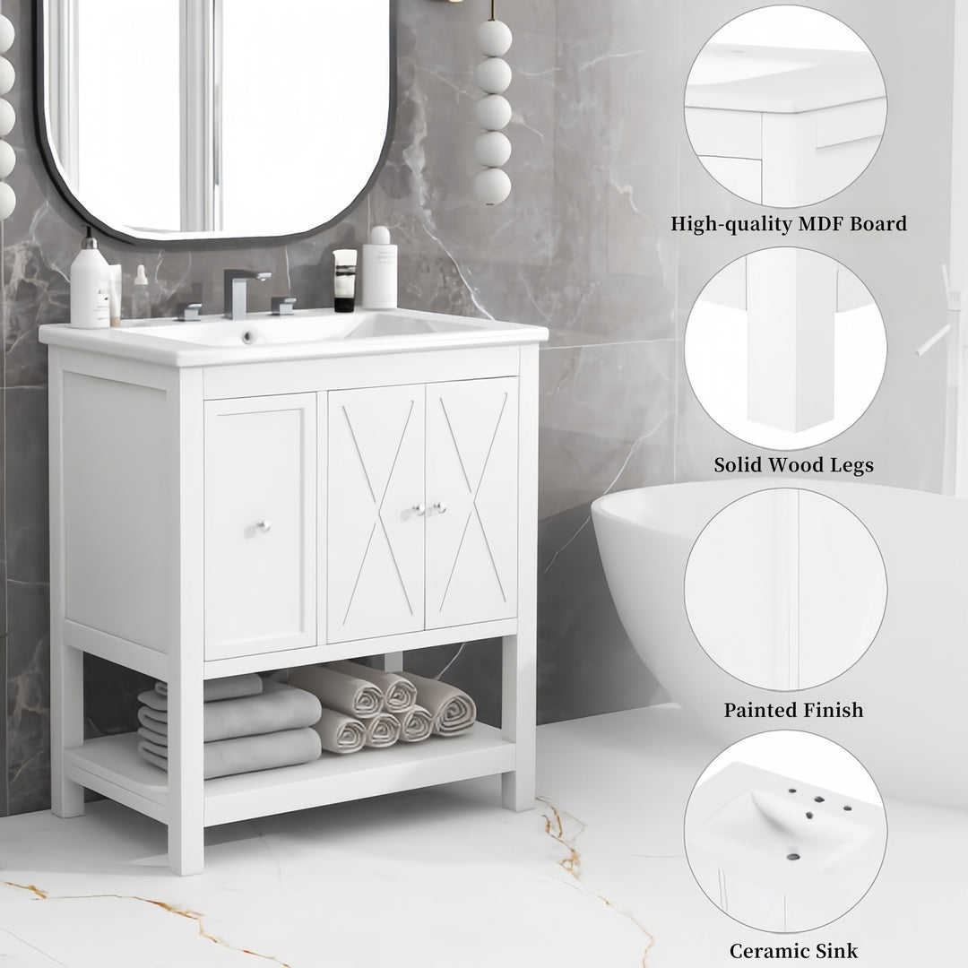 30'' Free Standing Single Bathroom Vanity Cabinet With Ceramic Top #BV-004-30WH