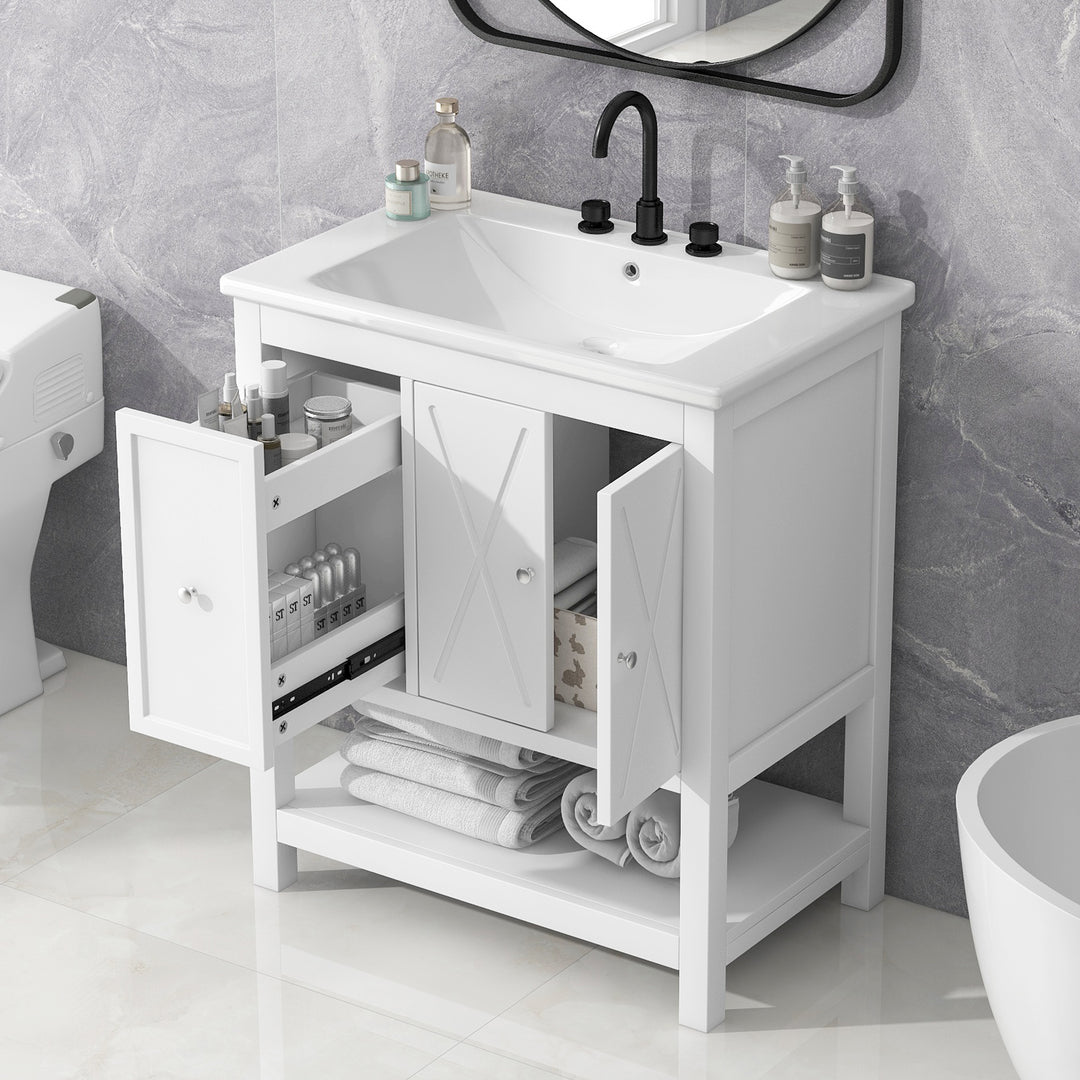 30'' Free Standing Single Bathroom Vanity Cabinet With Ceramic Top #BV-004-30WH