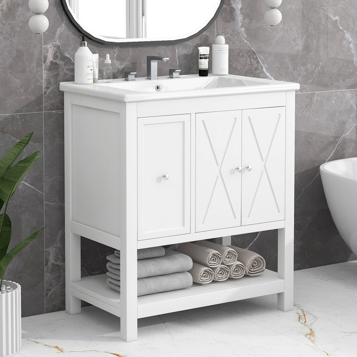 30'' Free Standing Single Bathroom Vanity Cabinet With Ceramic Top #BV-004-30WH