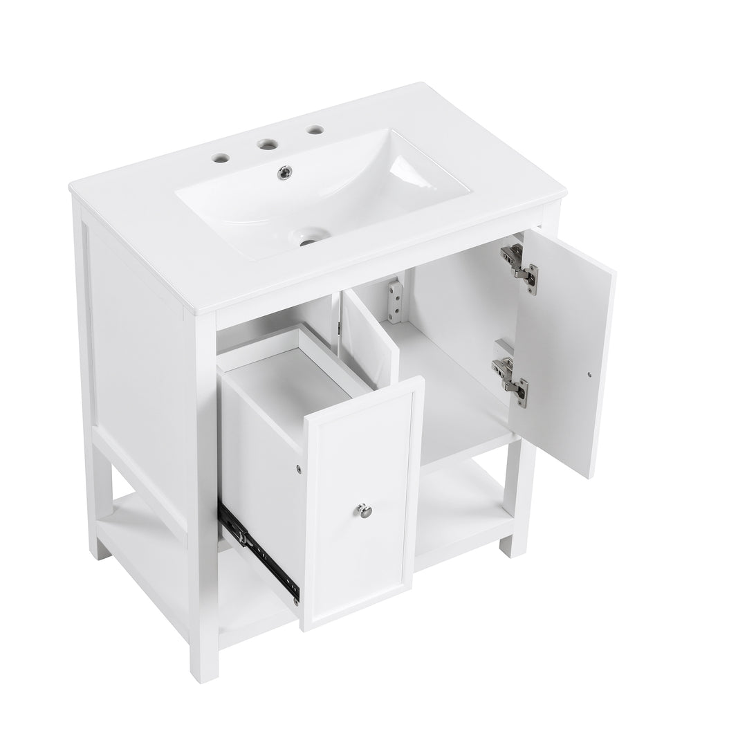 30'' Free Standing Single Bathroom Vanity Cabinet With Ceramic Top #BV-004-30WH