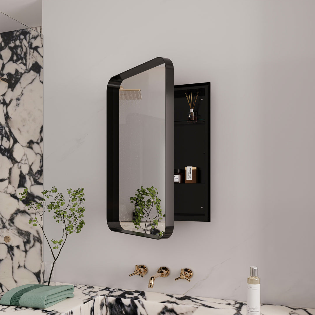 Recessed Black Metal Medicine Cabinet With Mirror, Adjustable Shelves, And Storage | Modern Black Bathroom Wall Mirror #MCM-001