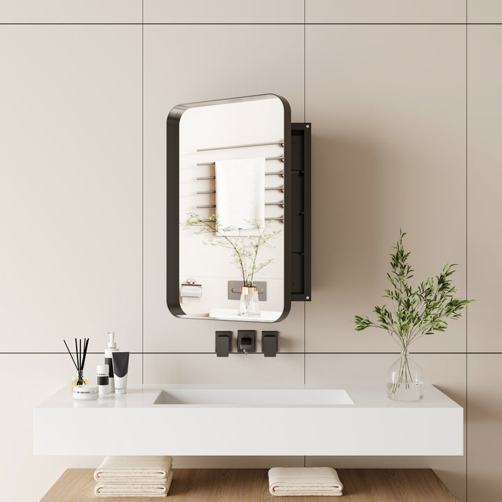 Recessed Black Metal Medicine Cabinet With Mirror, Adjustable Shelves, And Storage | Modern Black Bathroom Wall Mirror #MCM-001