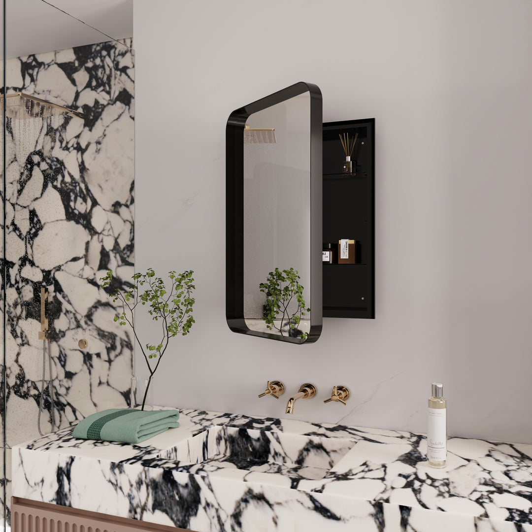 Recessed Black Metal Medicine Cabinet With Mirror, Adjustable Shelves, And Storage | Modern Black Bathroom Wall Mirror #MCM-001