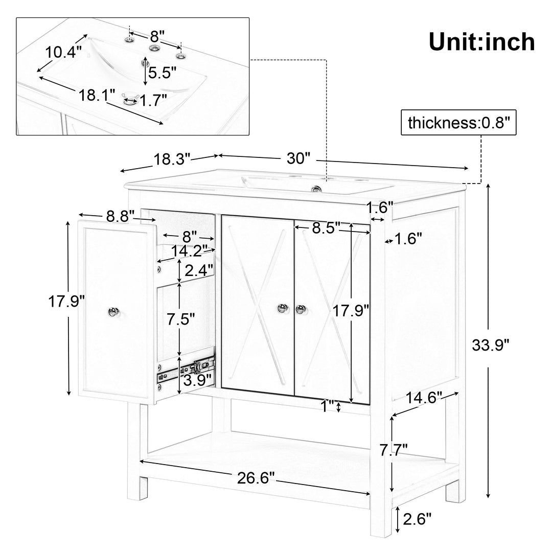 30'' Free Standing Single Bathroom Vanity Cabinet With Ceramic Top #BV-004-30WH