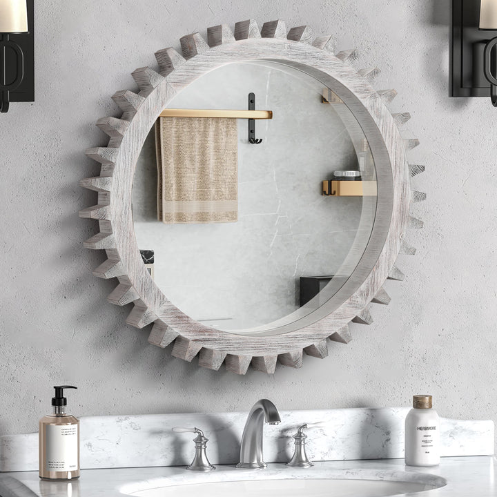 Wood Round Gear-Shaped Hanging Decorative Wall Mirror