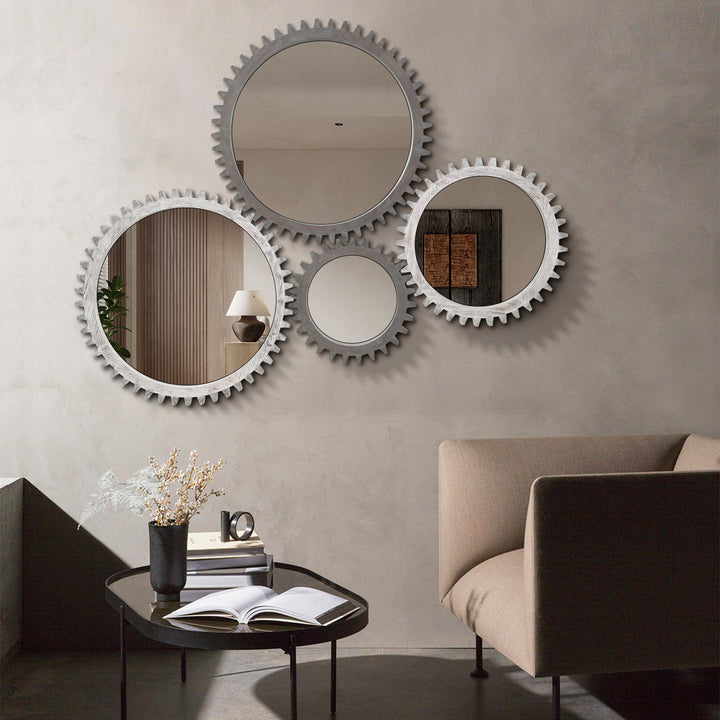 Wood Round Gear-Shaped Hanging Decorative Wall Mirror