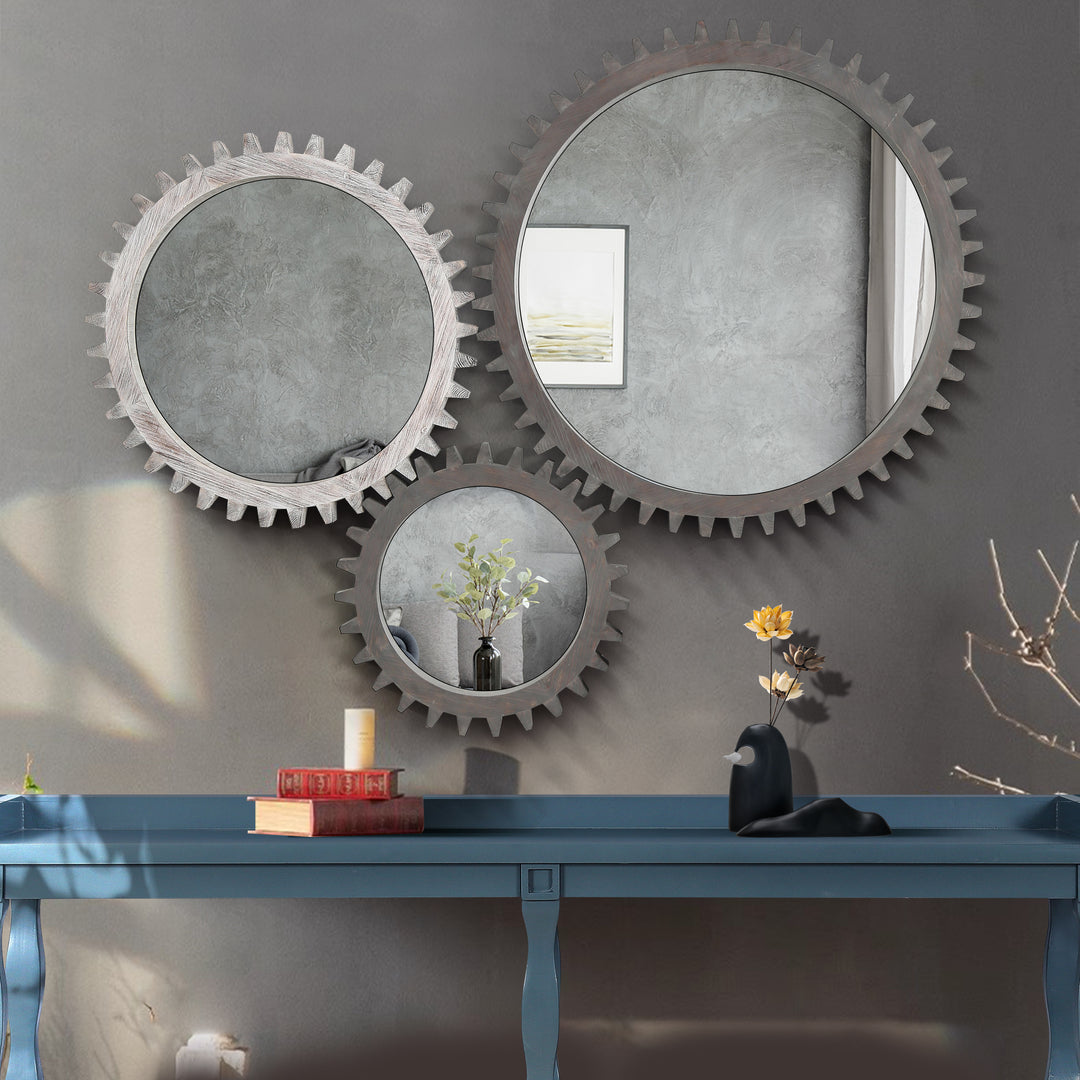 Wood Round Gear-Shaped Hanging Decorative Wall Mirror