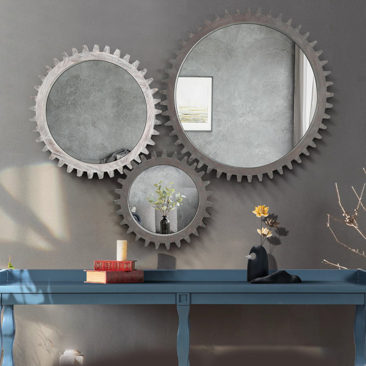 Wood Round Gear-Shaped Hanging Decorative Wall Mirror