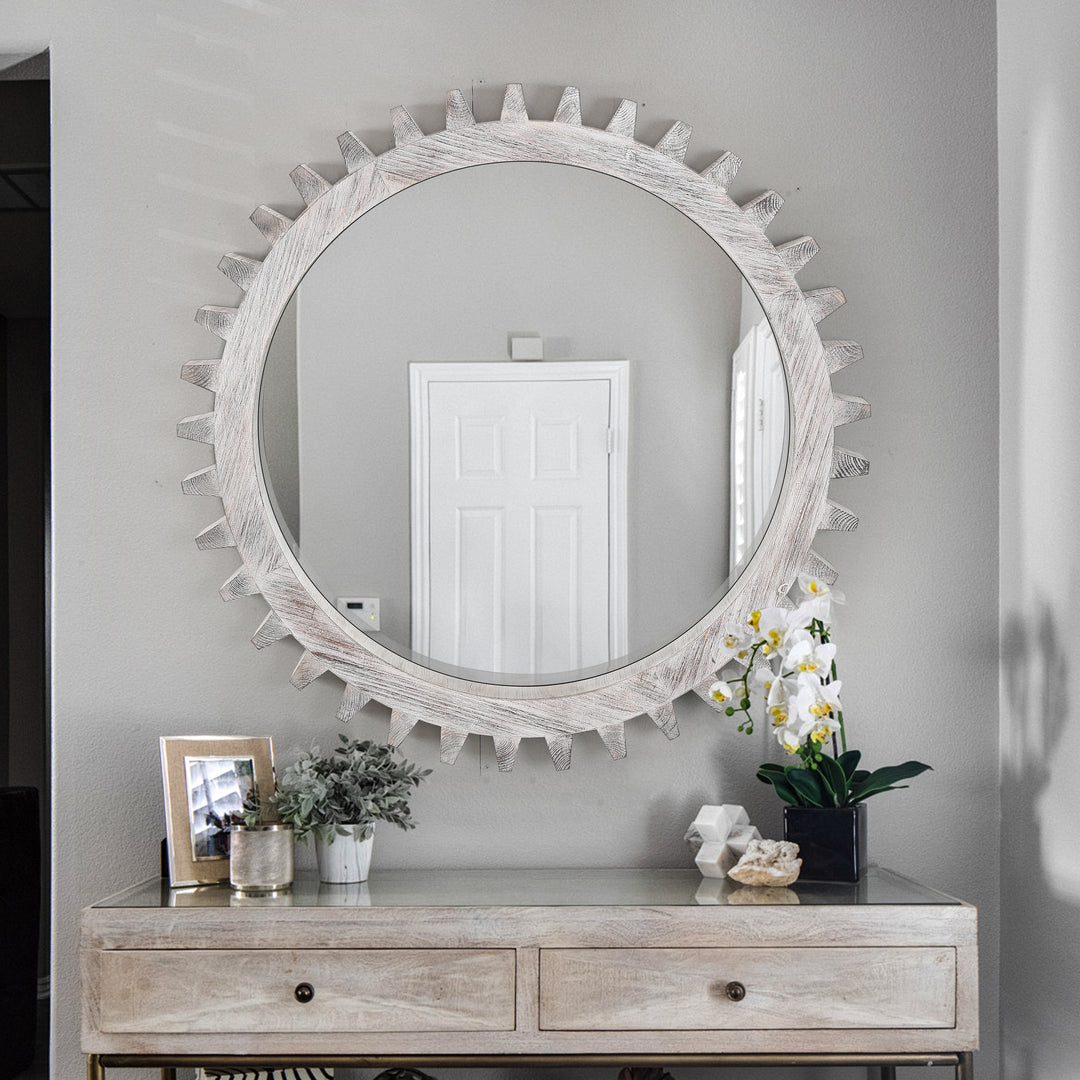 Clarity Wood Round Gear-Shaped Hanging Decorative Wall Mirror #WM-006