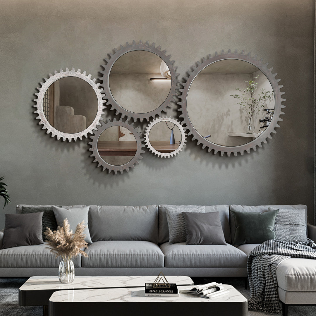 Wood Round Gear-Shaped Hanging Decorative Wall Mirror