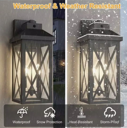Black Iron Outdoor Wall Light Tempered Glass with Motion Sensor and Dusk to Dawn #OW7133