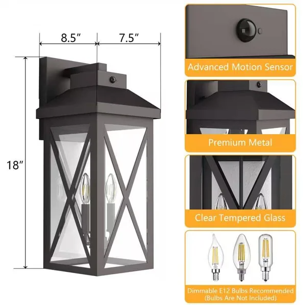 Black Iron Outdoor Wall Light Tempered Glass with Motion Sensor and Dusk to Dawn #OW7133