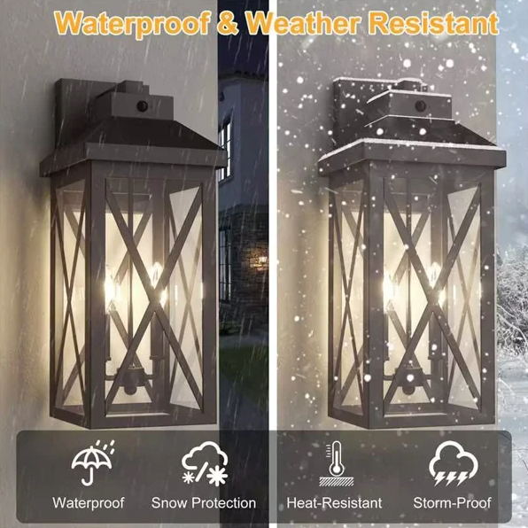 Black Iron Outdoor Wall Light Tempered Glass with Motion Sensor and Dusk to Dawn #OW7133