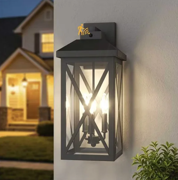Black Iron Outdoor Wall Light Tempered Glass with Motion Sensor and Dusk to Dawn #OW7133