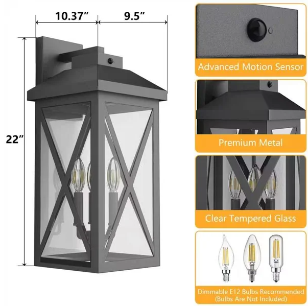 Black Iron Outdoor Wall Light Tempered Glass with Motion Sensor and Dusk to Dawn #OW7133