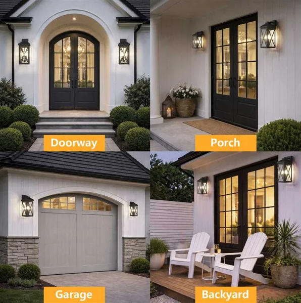 Black Iron Outdoor Wall Light Tempered Glass with Motion Sensor and Dusk to Dawn #OW7133