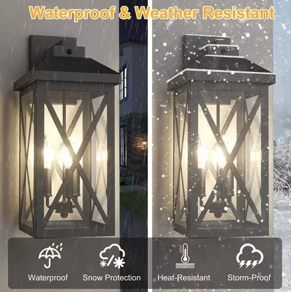 Black Iron Outdoor Wall Light Tempered Glass with Motion Sensor and Dusk to Dawn #OW7133