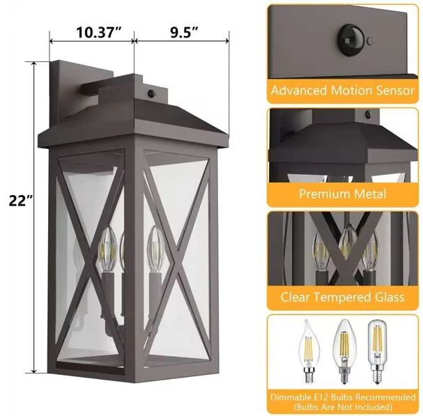 Black Iron Outdoor Wall Light Tempered Glass with Motion Sensor and Dusk to Dawn #OW7133