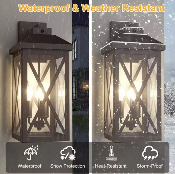 Black Iron Outdoor Wall Light Tempered Glass with Motion Sensor and Dusk to Dawn #OW7133