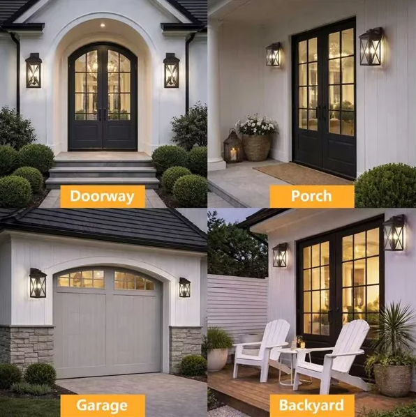 Black Iron Outdoor Wall Light Tempered Glass with Motion Sensor and Dusk to Dawn #OW7133
