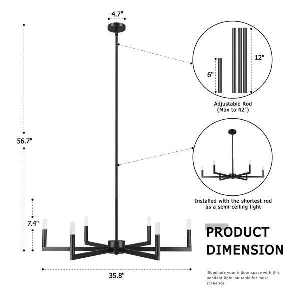 6-light 36"w Led Black Modern Spider Chandelier For Living Room Or Dining Room #29039
