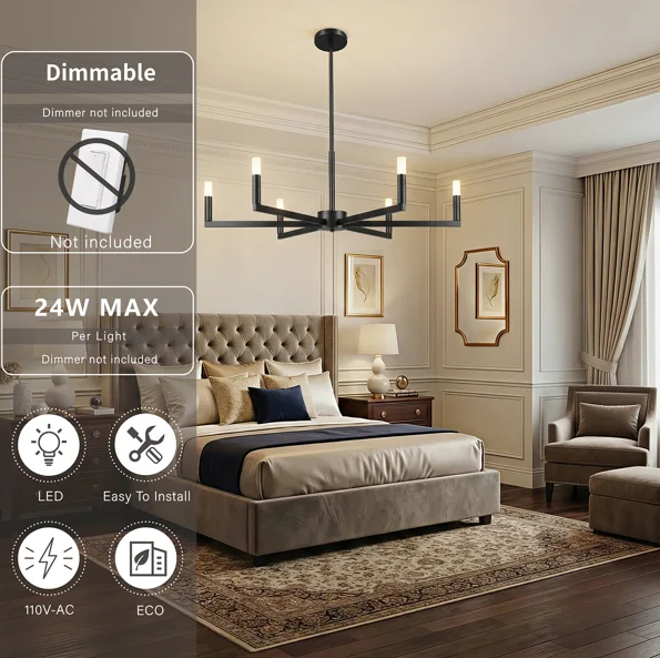 6-light 36"w Led Black Modern Spider Chandelier For Living Room Or Dining Room #29039