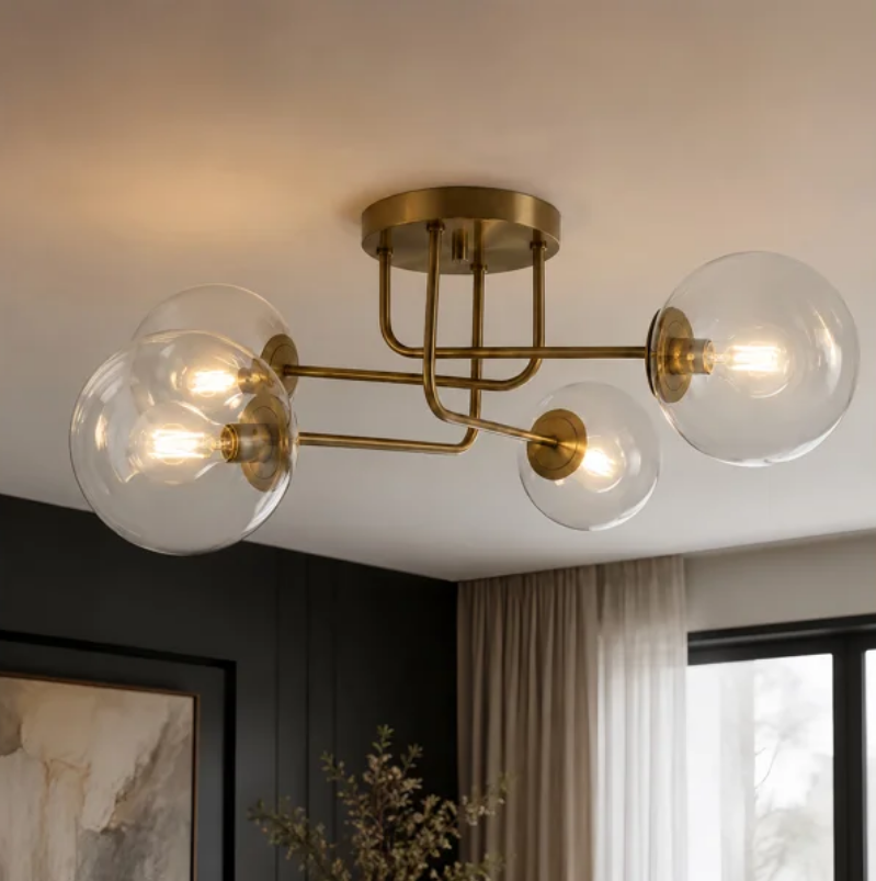 25.5''-4 Lights Linear / Sputnik Modern Matte Black Cloud Glass Semi Flush Mount Lighting for Living Room/Bedroom #29044
