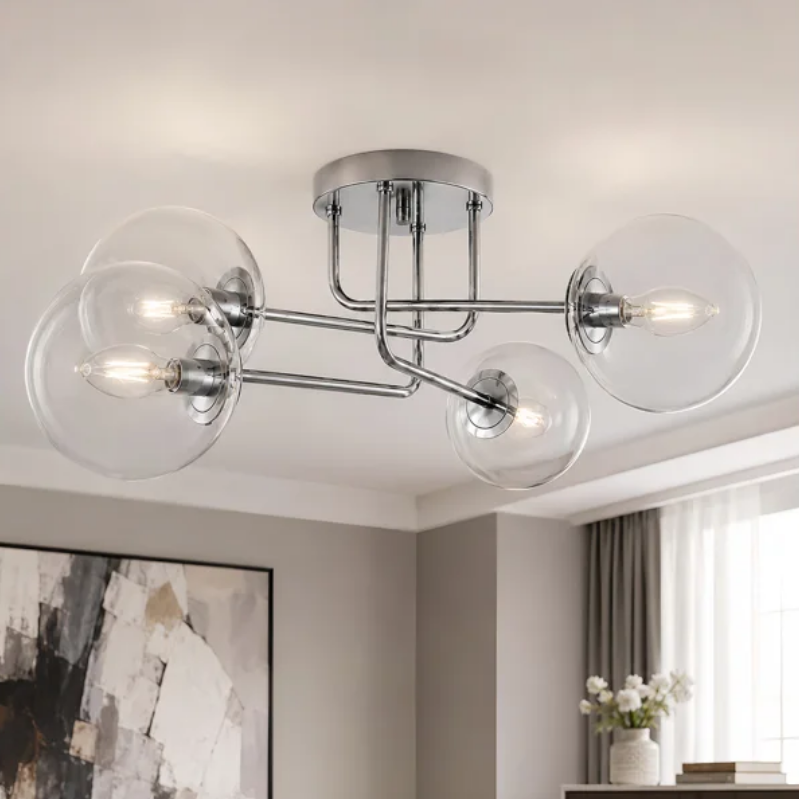25.5''-4 Lights Linear / Sputnik Modern Matte Black Cloud Glass Semi Flush Mount Lighting for Living Room/Bedroom #29044