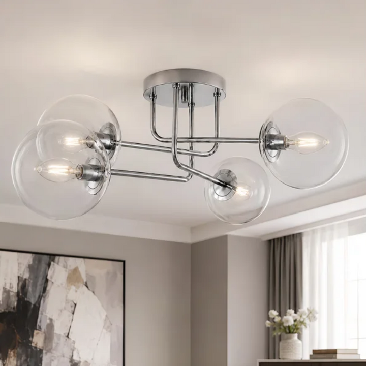 25.5''-4 Lights Linear / Sputnik Modern Matte Black Cloud Glass Semi Flush Mount Lighting for Living Room/Bedroom #29044