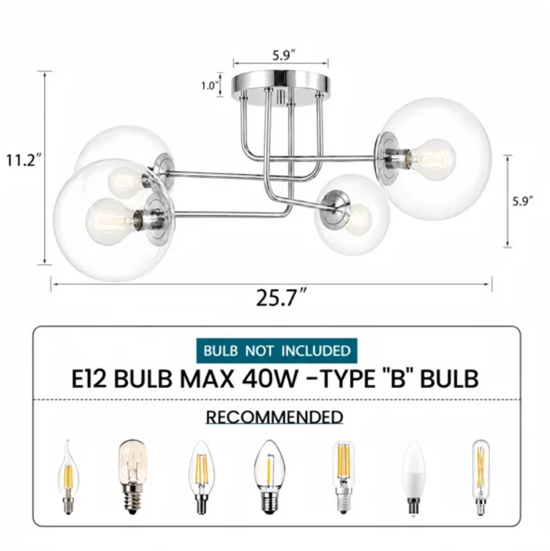 25.5''-4 Lights Linear / Sputnik Modern Matte Black Cloud Glass Semi Flush Mount Lighting for Living Room/Bedroom #29044