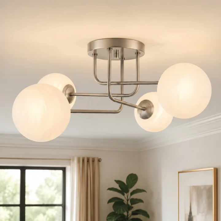 25.5''-4 Lights Linear / Sputnik Modern Matte Black Cloud Glass Semi Flush Mount Lighting for Living Room/Bedroom #29044