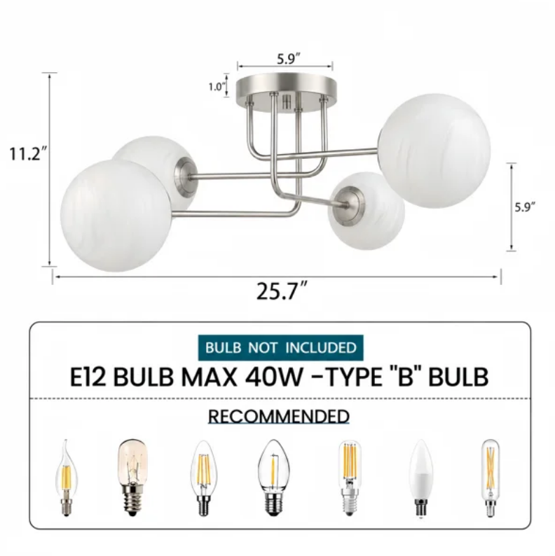 25.5''-4 Lights Linear / Sputnik Modern Matte Black Cloud Glass Semi Flush Mount Lighting for Living Room/Bedroom #29044