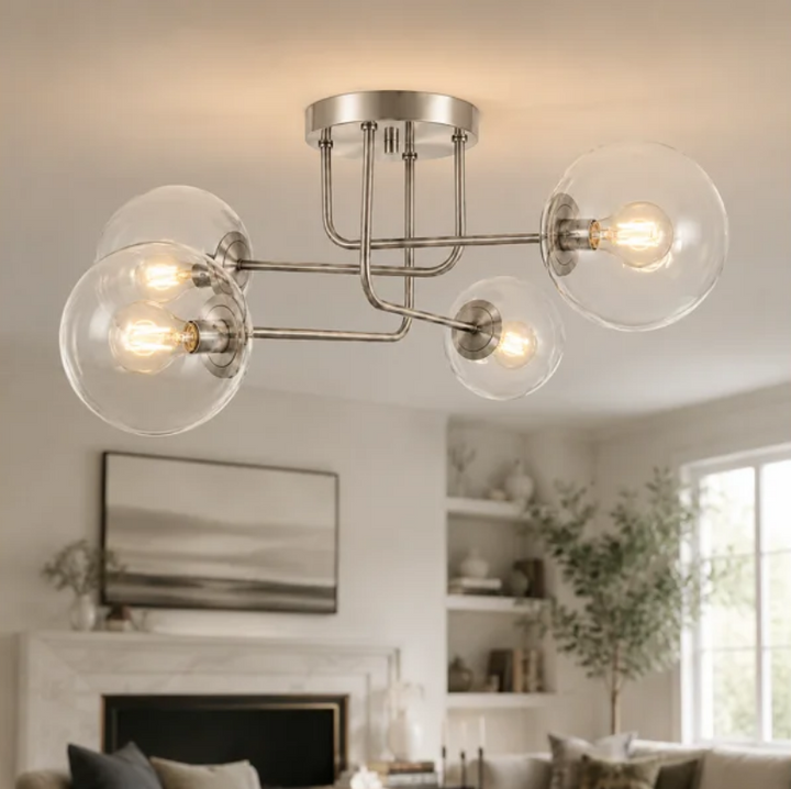 25.5''-4 Lights Linear / Sputnik Modern Matte Black Cloud Glass Semi Flush Mount Lighting for Living Room/Bedroom #29044