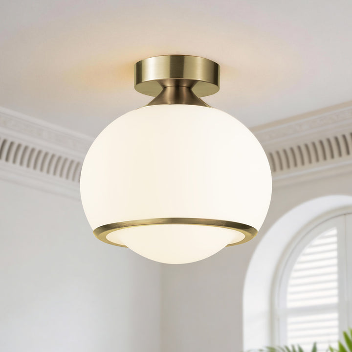 Pulsar 9.8 "1-Light Mid-Century Modern Dimmable 3Cct Led Brushed Brass Milk White Globe Flush Mount Ceiling Light For Corridor/Stairwell #21051