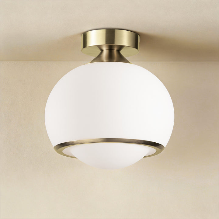 Pulsar 9.8 "1-Light Mid-Century Modern Dimmable 3Cct Led Brushed Brass Milk White Globe Flush Mount Ceiling Light For Corridor/Stairwell #21051
