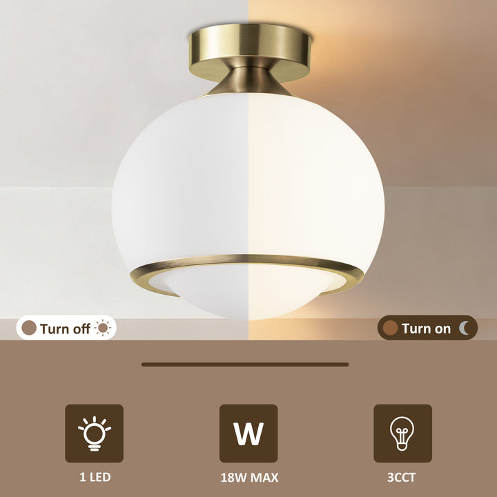 Pulsar 9.8 "1-Light Mid-Century Modern Dimmable 3Cct Led Brushed Brass Milk White Globe Flush Mount Ceiling Light For Corridor/Stairwell #21051