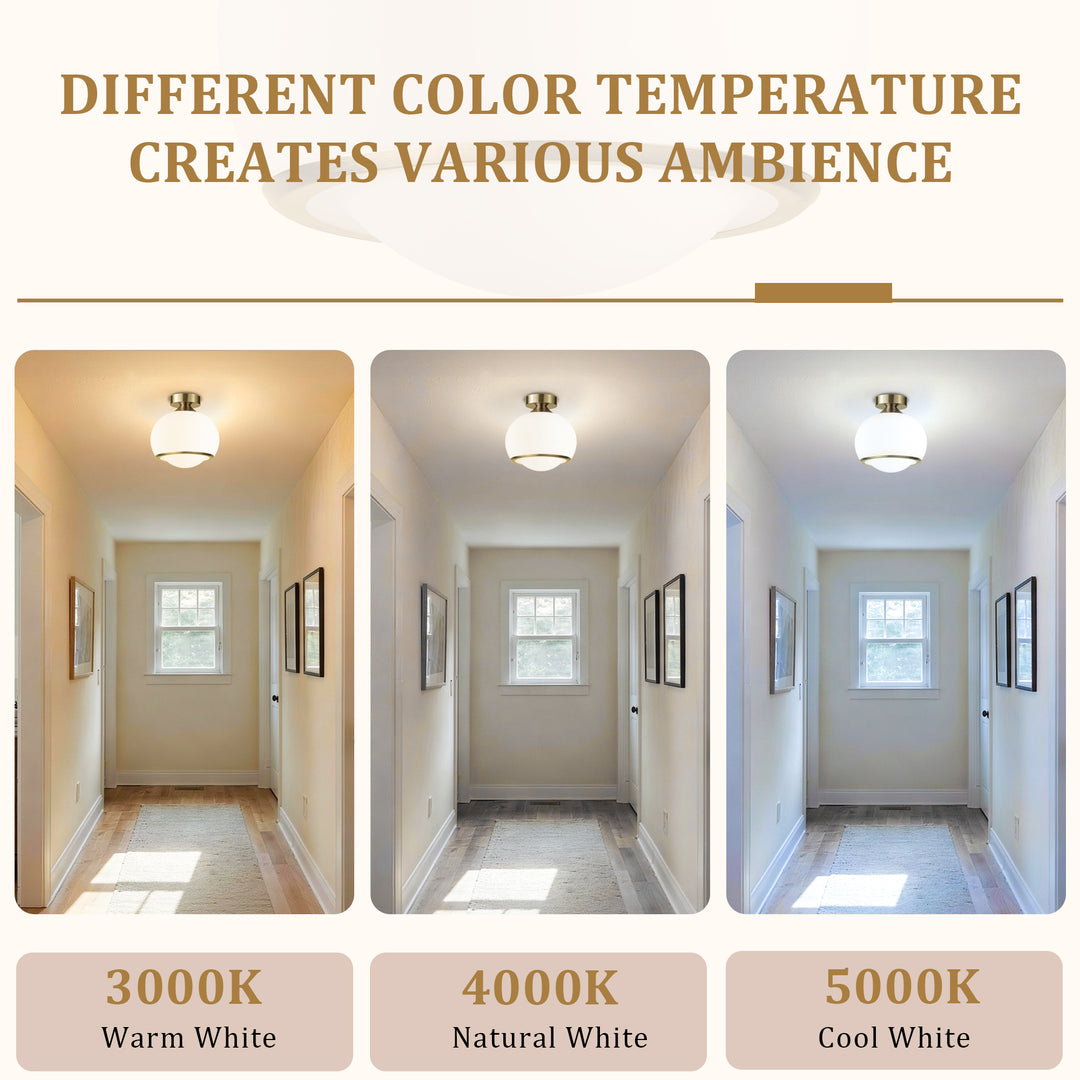 Pulsar 9.8 "1-Light Mid-Century Modern Dimmable 3Cct Led Brushed Brass Milk White Globe Flush Mount Ceiling Light For Corridor/Stairwell #21051