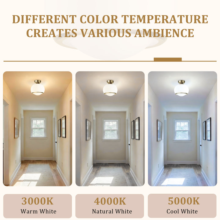 Pulsar 9.8 "1-Light Mid-Century Modern Dimmable 3Cct Led Brushed Brass Milk White Globe Flush Mount Ceiling Light For Corridor/Stairwell #21051