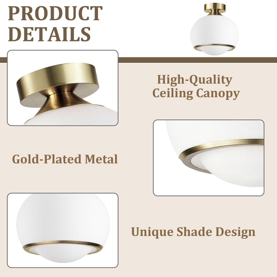 Pulsar 9.8 "1-Light Mid-Century Modern Dimmable 3Cct Led Brushed Brass Milk White Globe Flush Mount Ceiling Light For Corridor/Stairwell #21051