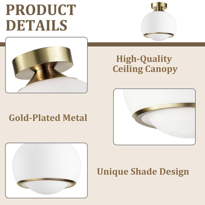 Pulsar 9.8 "1-Light Mid-Century Modern Dimmable 3Cct Led Brushed Brass Milk White Globe Flush Mount Ceiling Light For Corridor/Stairwell #21051