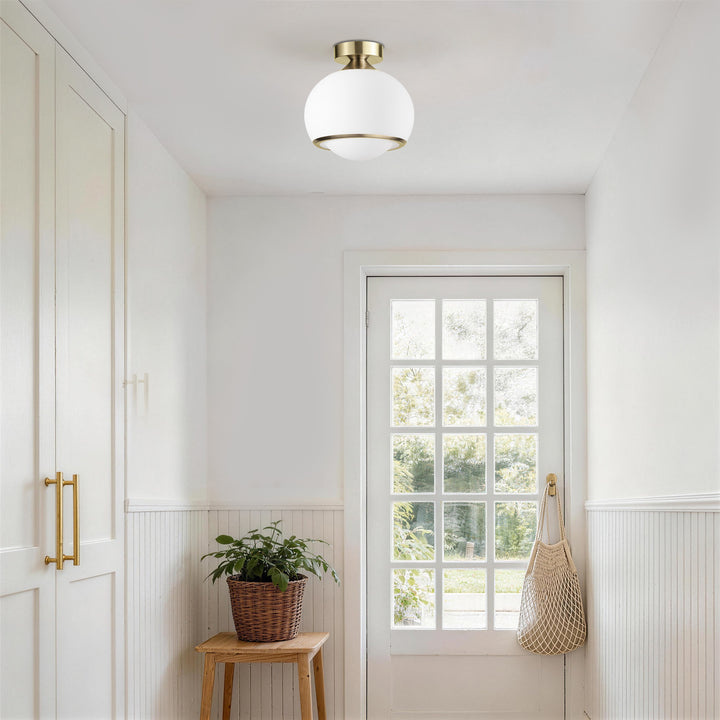 Pulsar 9.8 "1-Light Mid-Century Modern Dimmable 3Cct Led Brushed Brass Milk White Globe Flush Mount Ceiling Light For Corridor/Stairwell #21051