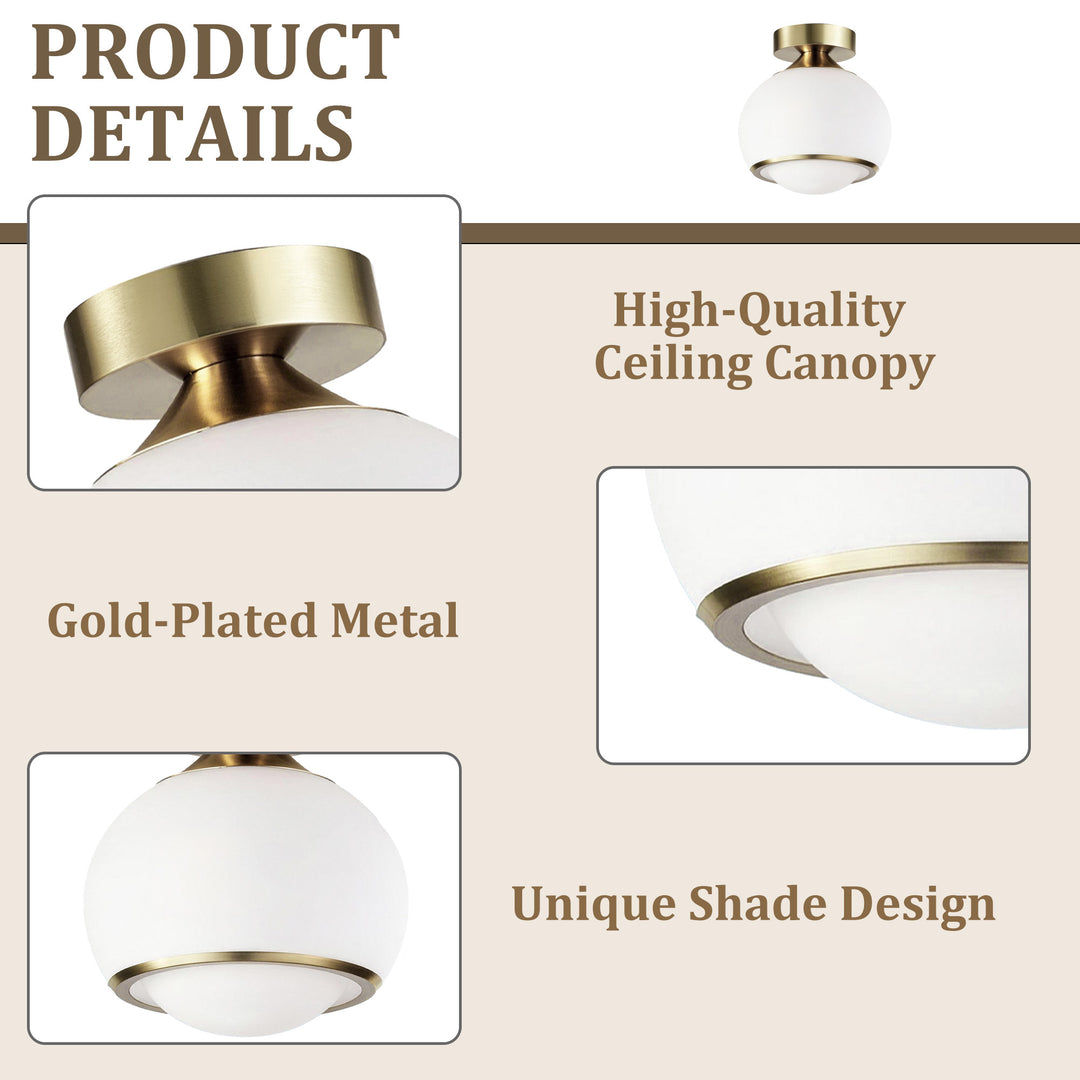 Pulsar 9.8 "1-Light Mid-Century Modern Dimmable 3Cct Led Brushed Brass Milk White Globe Flush Mount Ceiling Light For Corridor/Stairwell #21051