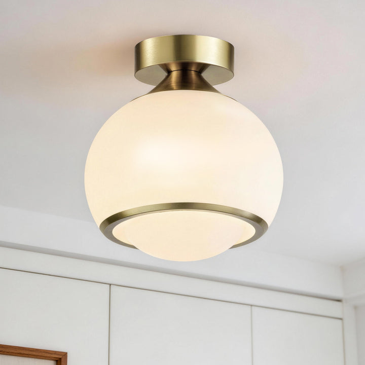 Pulsar 9.8 "1-Light Mid-Century Modern Dimmable 3Cct Led Brushed Brass Milk White Globe Flush Mount Ceiling Light For Corridor/Stairwell #21051