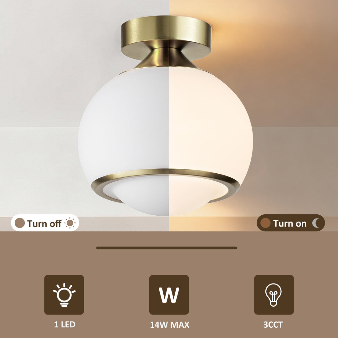 Pulsar 9.8 "1-Light Mid-Century Modern Dimmable 3Cct Led Brushed Brass Milk White Globe Flush Mount Ceiling Light For Corridor/Stairwell #21051