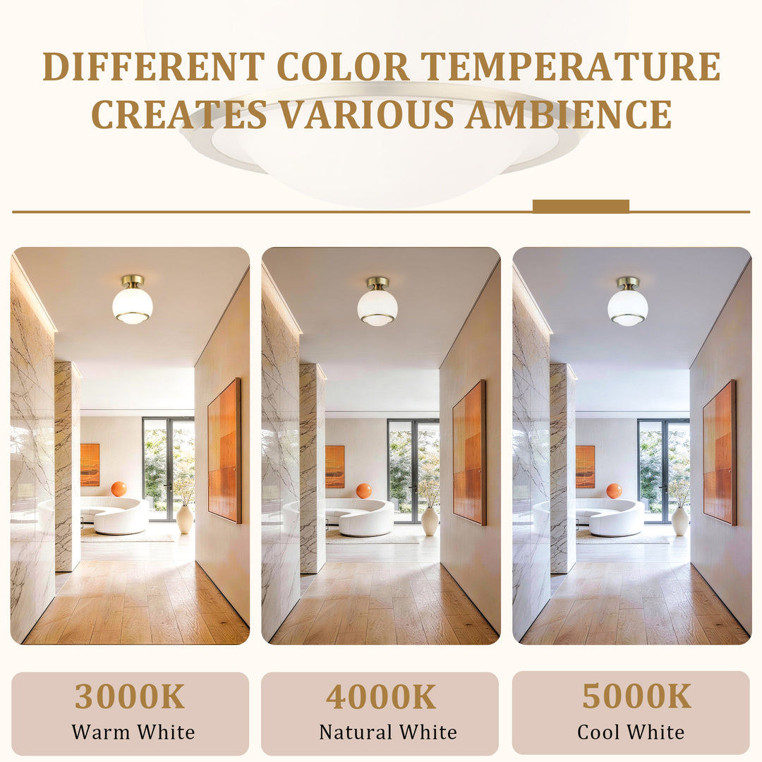 Pulsar 9.8 "1-Light Mid-Century Modern Dimmable 3Cct Led Brushed Brass Milk White Globe Flush Mount Ceiling Light For Corridor/Stairwell #21051