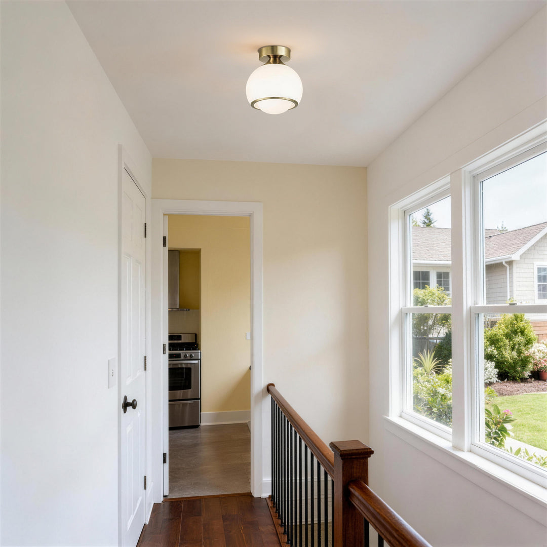 Pulsar 9.8 "1-Light Mid-Century Modern Dimmable 3Cct Led Brushed Brass Milk White Globe Flush Mount Ceiling Light For Corridor/Stairwell #21051