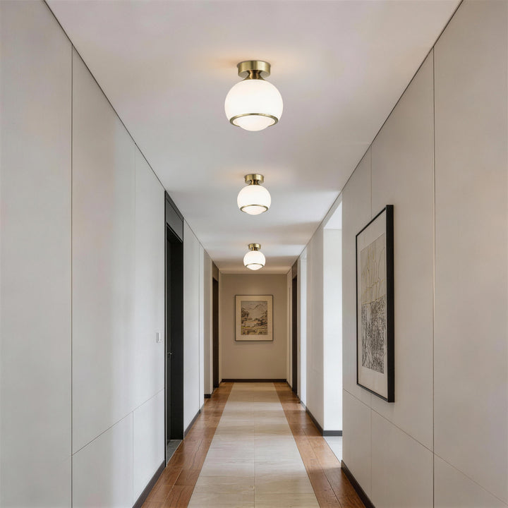 Pulsar 9.8 "1-Light Mid-Century Modern Dimmable 3Cct Led Brushed Brass Milk White Globe Flush Mount Ceiling Light For Corridor/Stairwell #21051