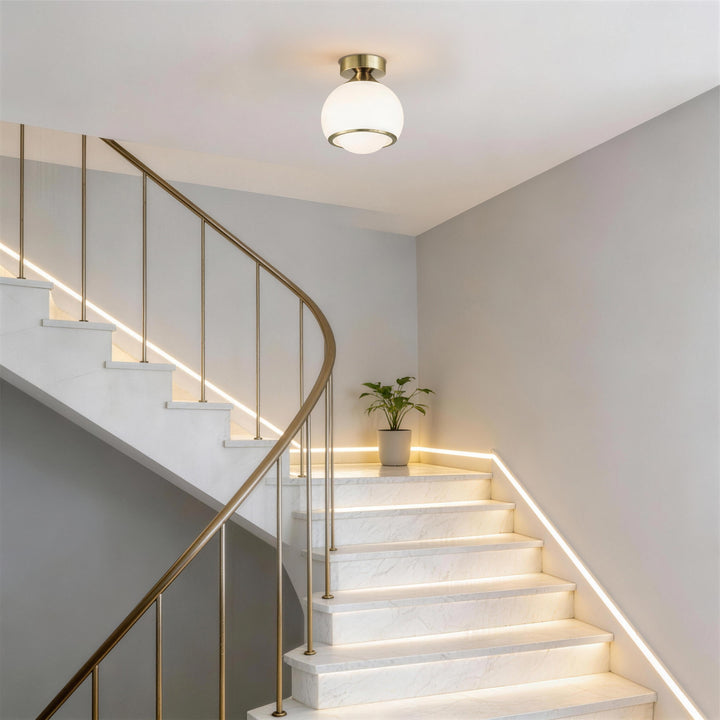 Pulsar 9.8 "1-Light Mid-Century Modern Dimmable 3Cct Led Brushed Brass Milk White Globe Flush Mount Ceiling Light For Corridor/Stairwell #21051