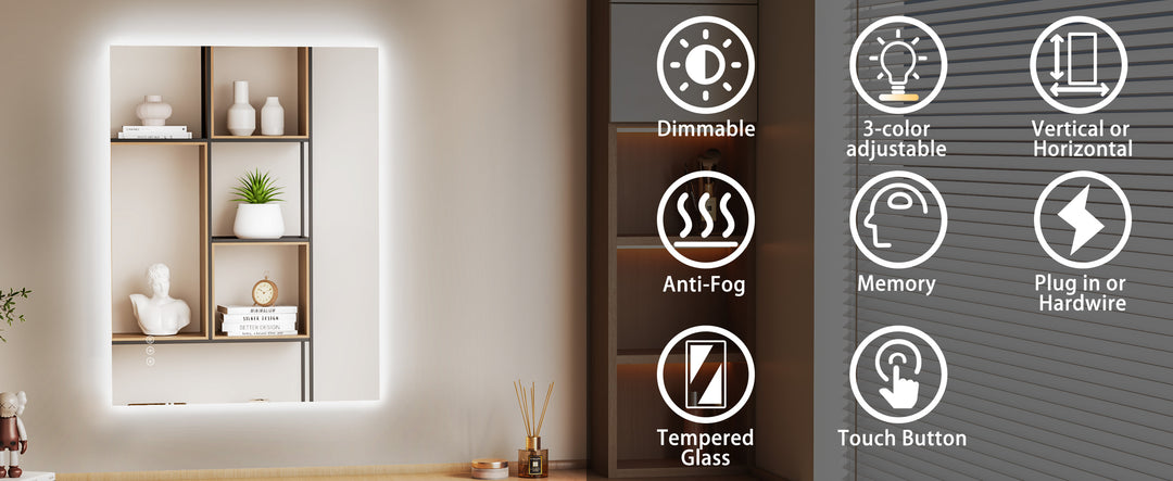 Elevate Home Modern Frameless LED Lighted Anti-Fog Dimmable Tempred Bathroom&Vanity Mirror #BL02